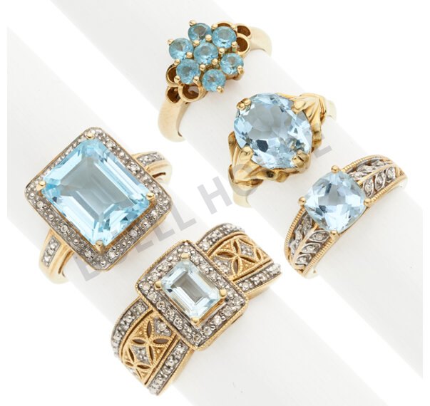 Aquamarine, Blue Topaz & Diamond Gold Rings (5 Items)